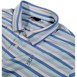 Dunning Golf Polo Shirt Mens Large Blue Striped‎ Performance Stretch Casual